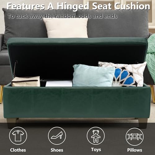 51 Inch Storage Ottoman, Storage Bench with Safety Hinge, Upholstered Synthet...