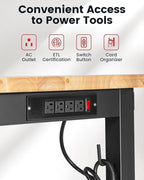 Work Bench for Garage 48 x 20 Inch Adjustable Height Rubberwood Tabletop Work Table with Pegboard, Power Outlets Garage Workbench for Woodworking Shop, Home, Office, Electronic Cutting Wood