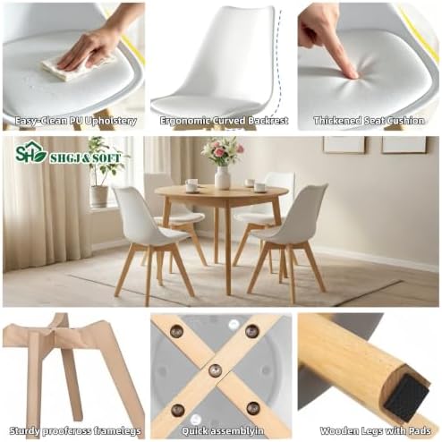 Dining Chairs Set of 4, PU Leather Kitchen Chairs,Wood Legs (White, 4 PC)