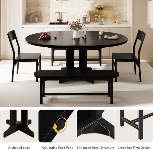 iPormis 5-Piece 59" Extendable Dining Table Set for 4, Chairs/Benches,Black