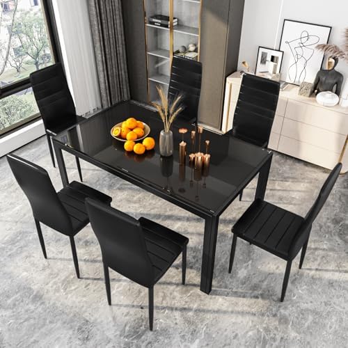 DKLGG Glass Dining Table Set for 6, Modern Kitchen Table with 6 PU Leather Ch...