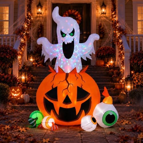 8FT Halloween Inflatable Ghost Pumpkin with Colorful LED Lights Yard Decor
