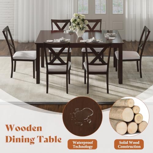 AMERLIFE 7-Piece Farmhouse Dining Table Set for 6, 60'' Table and 6 C...