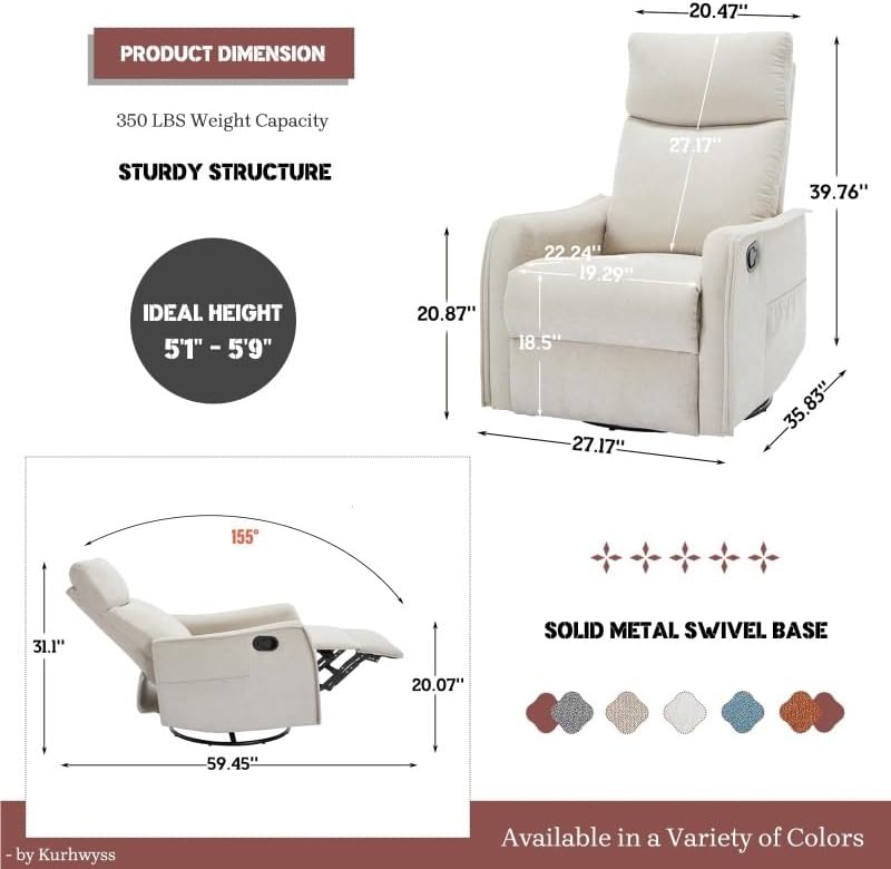 360 Swivel Rocker Recliner Chair for Adults with Heat Massage Function Adjustable Backrest Footrest Glider Reclining Chair for Bedroom Living Room Office