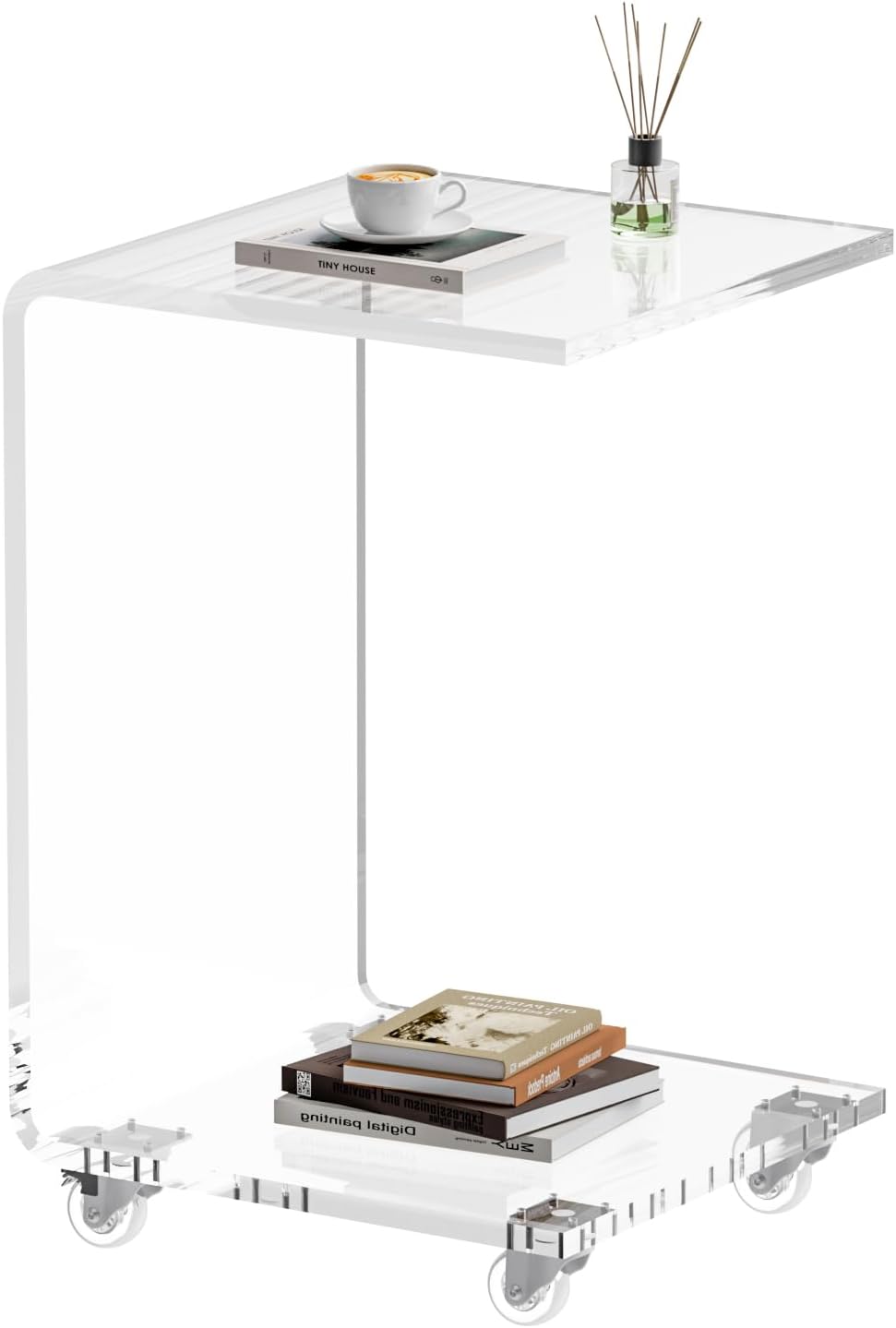 Acrylic Side Table with Wheels, Movable C Shaped Sofa Table with Storage, Rol...