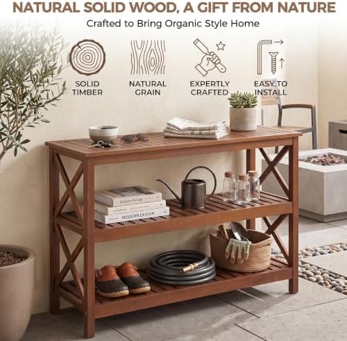 SUPER DEAL 48 in Solid Wood Console Table, 3-Shelf Wooden Outdoor Side Table ...