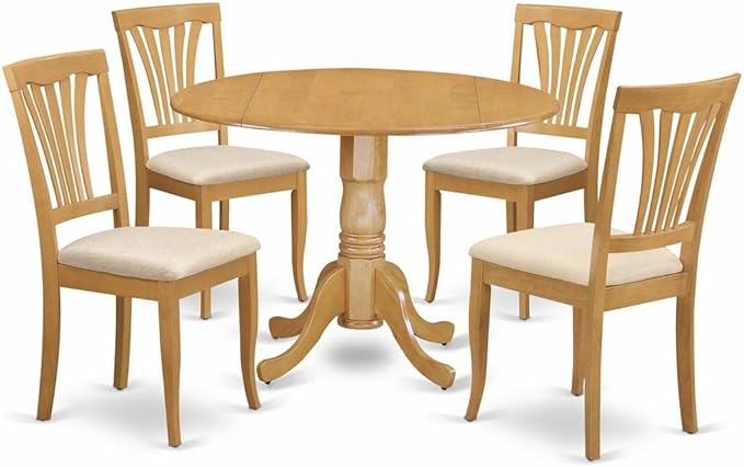 East West Furniture DLAV5-OAK-C 5 Piece Kitchen Table & Chairs Set Includes a Round Dining Table with Dropleaf and 4 Linen Fabric Dining Room Chairs, 42x42 Inch, Oak