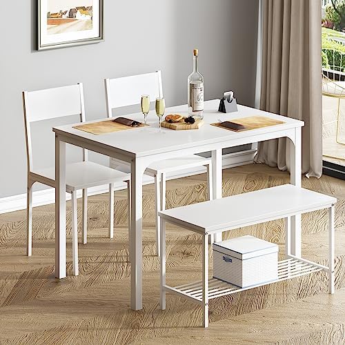 soges Kitchen Table Set for 4, Off White Nesting Table with Chairs & Bench