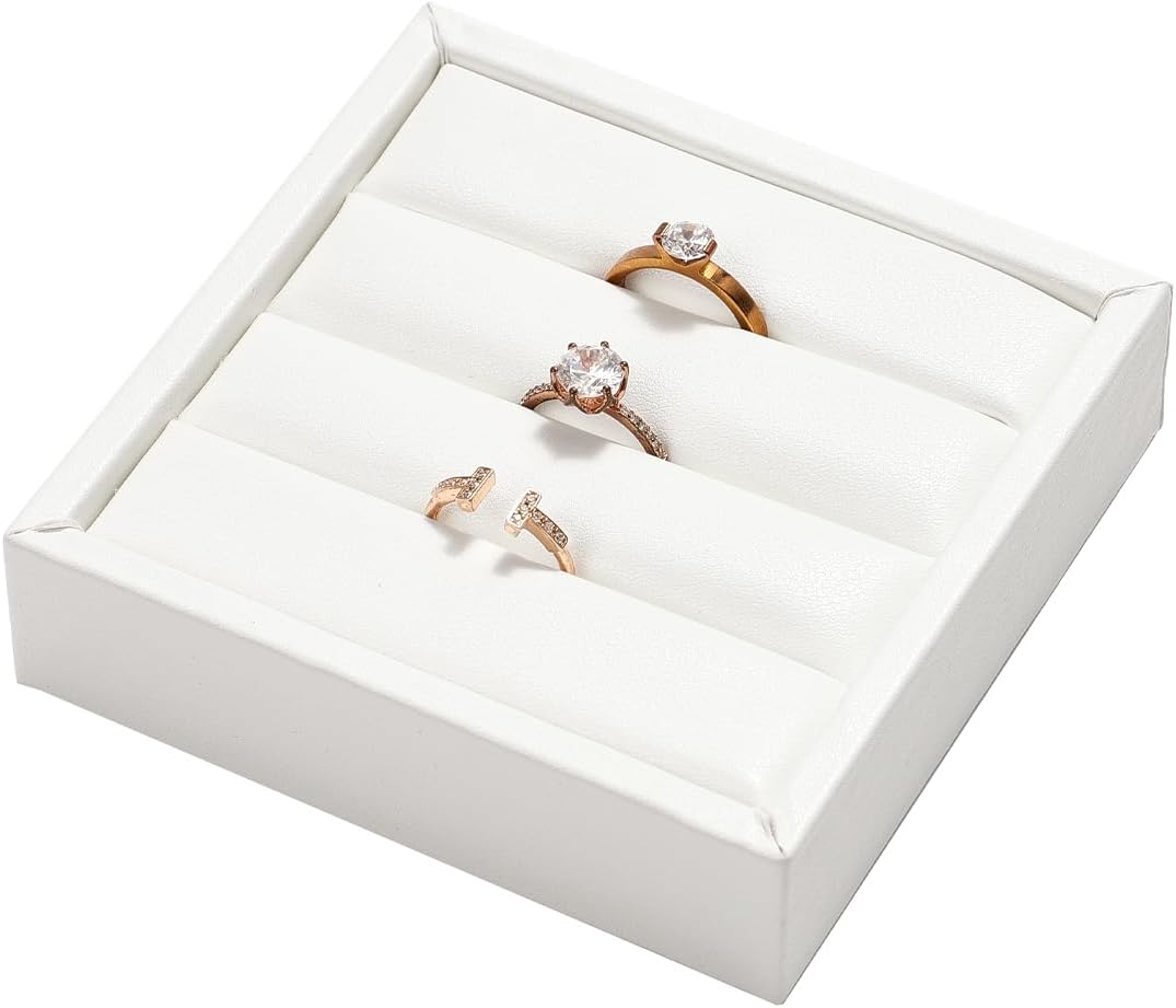 White PU Leather 3-Slots Jewelry Ring Display Tray Showcase Small Jewelry Display Organizer Tray for Rings(S)