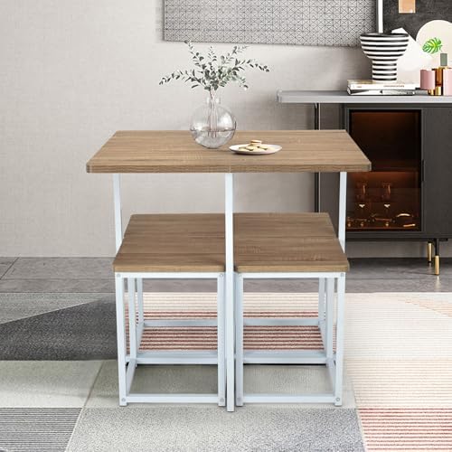 GIANTEX Dining Table Set for 4, Metal Frame, Space-Saving (Natural & White)