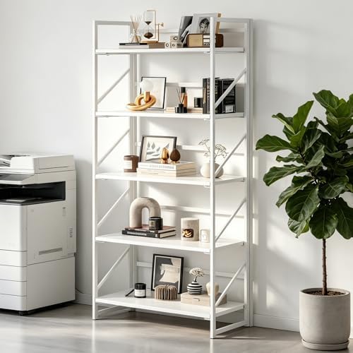 JSB No Assembly Folding Bookshelf, 5 Tier Industrial Metal Book Shelf for Sto...