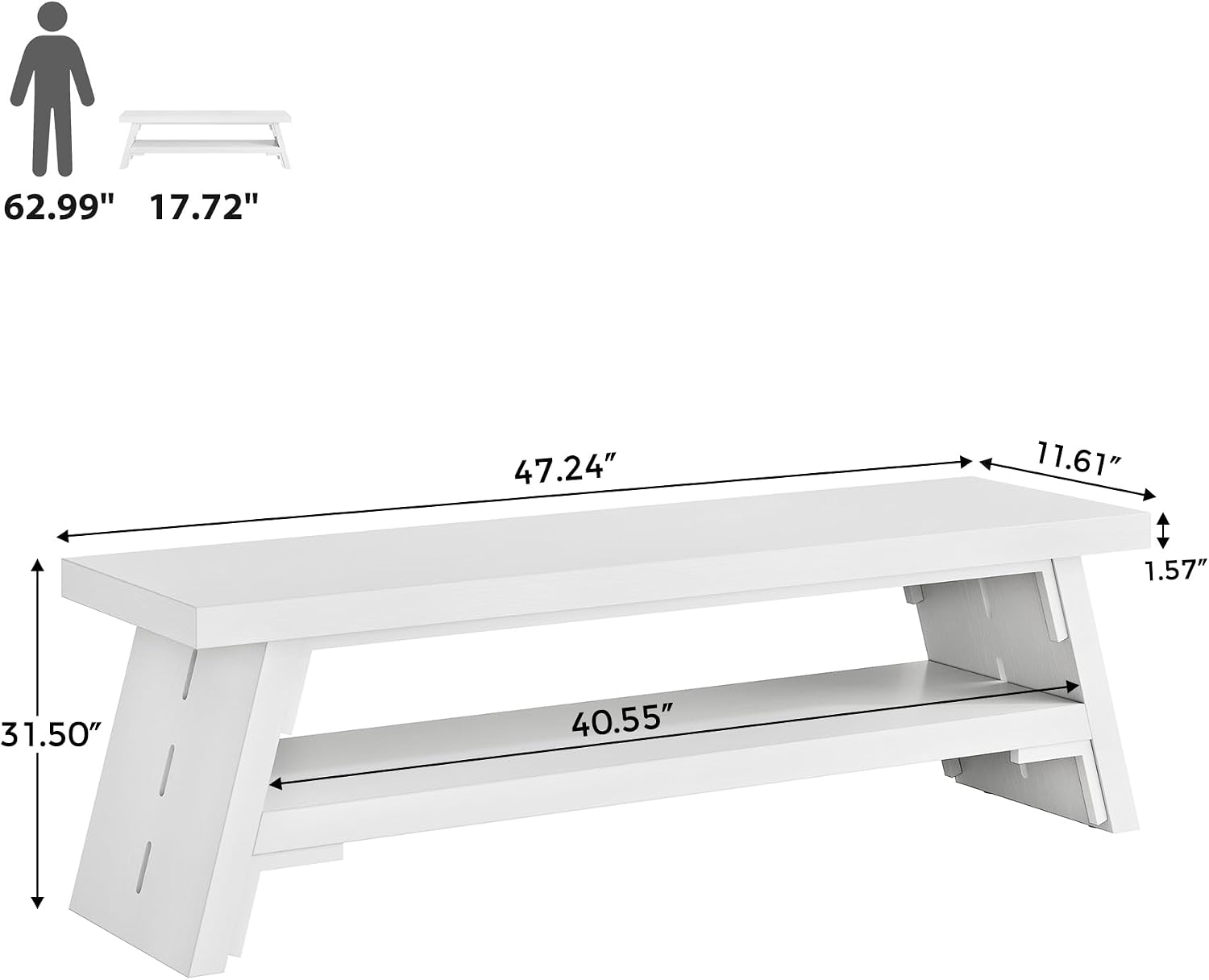 47 in Long Entryway Bench with Shoe Storage, White | 2-Tier Wood Entry Bench for Hallway, Front Door, Bedroom, Living Room, Closet, Mudroom, Modern Farmhouse Style