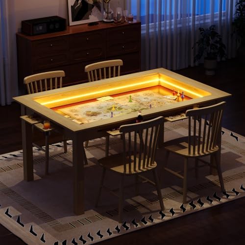 Board Game Table with Led Lights,63" Dining/Gaming Table, Oak