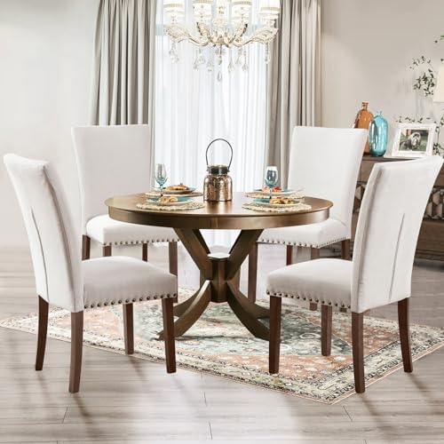 Set of 4 Beige Upholstered Dining Chairs, Farmhouse Kitchen Chairs with High ...