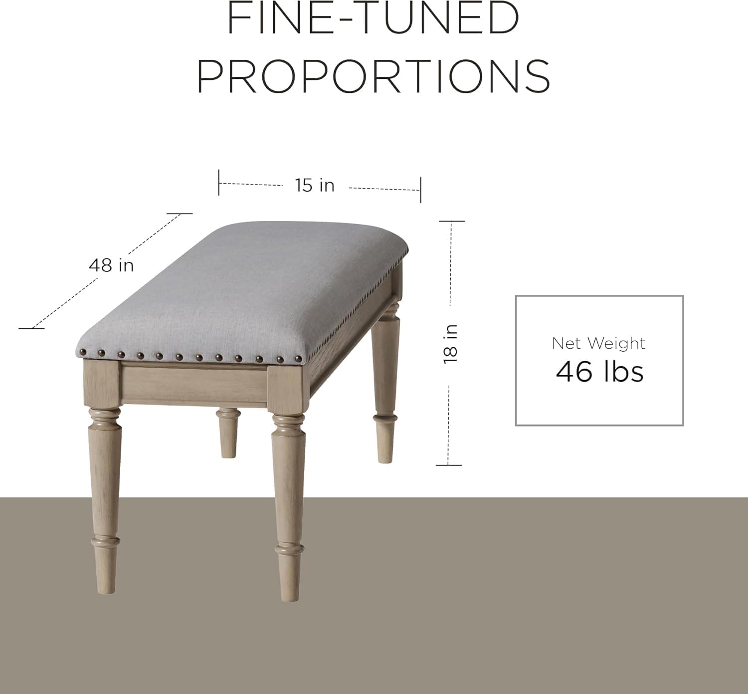 Maven Lane Elizabeth Traditional Wooden Upholstered Bench, Padded Seat for Kitchen Dining Room Table or Entryway in Antiqued Grey Finish