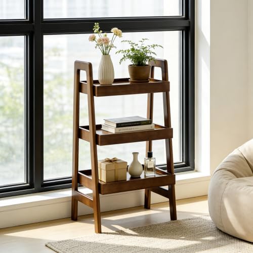 3 Tier Wood Ladder Shelf with Edges Small Bookshelf Freestanding Open Storage Rack Modern Planter Stand for Living Room, Bedroom, Office