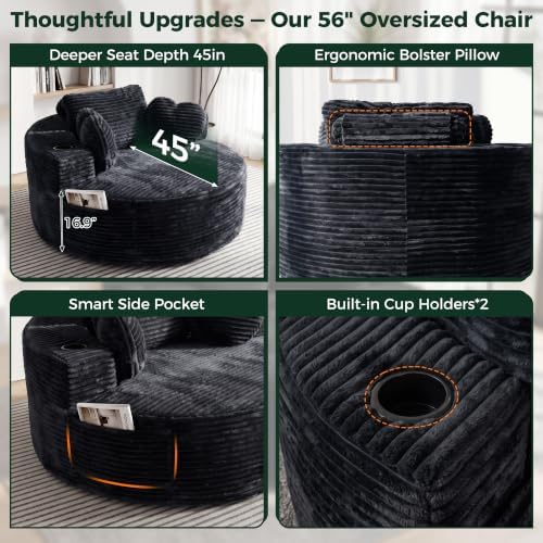 56''Oversized Round Chair Lounge Chaise Indoor with Cup Holders &...