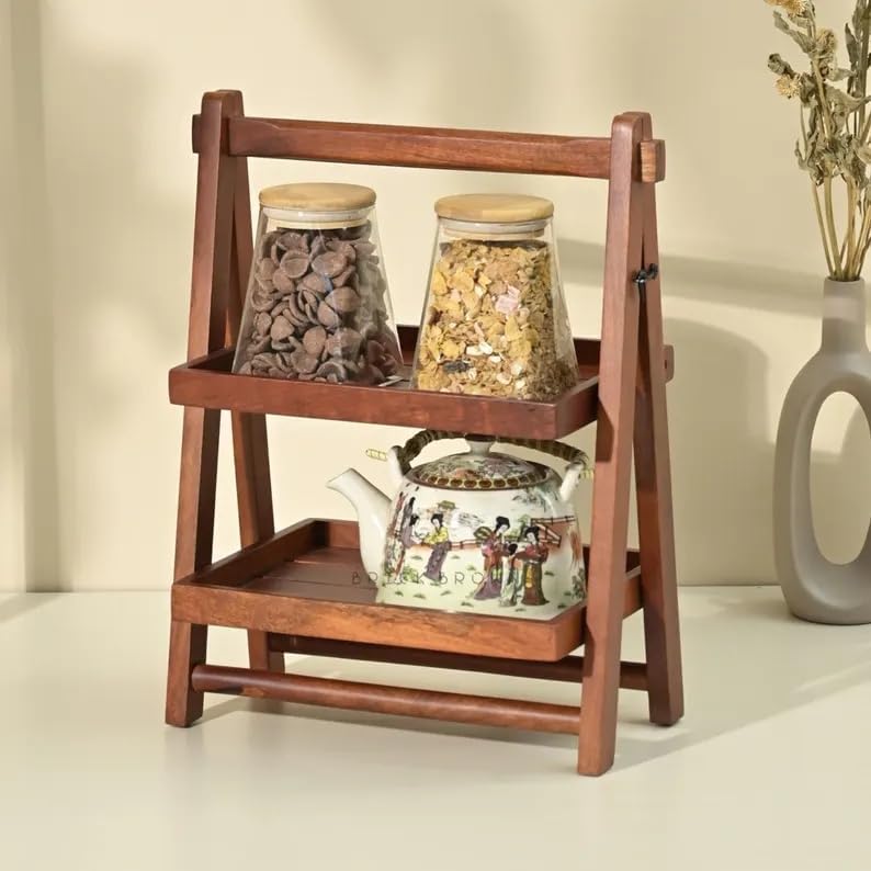 2-Tier Wooden Ladder Shelf, Rustic Farmhouse Storage Rack, Small Tabletop Organizer for Kitchen Counter Living Room Bedroom, Natural Brown Finish