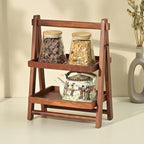 2-Tier Wooden Ladder Shelf, Rustic Farmhouse Storage Rack, Small Tabletop Organizer for Kitchen Counter Living Room Bedroom, Natural Brown Finish