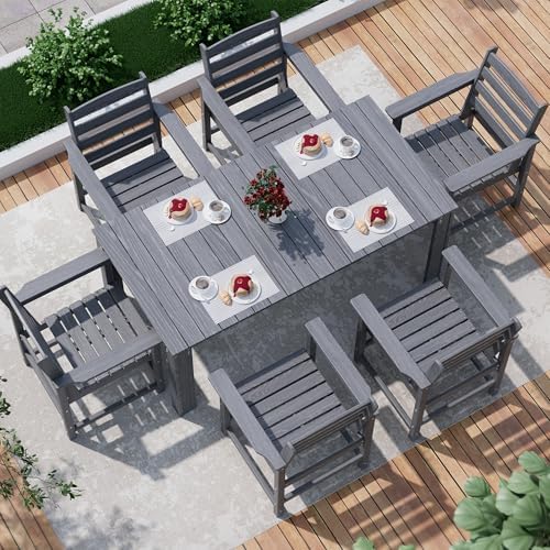 Dining Table Set, 7-Piece HDPE Outdoor Dining Set for 6, Gray