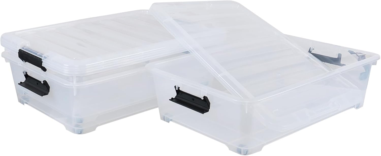 3-Pack 20 Quart Plastic Wheeled Latching Storage Boxes, Stackable Underbed Organizer Bins with Lid, Clear