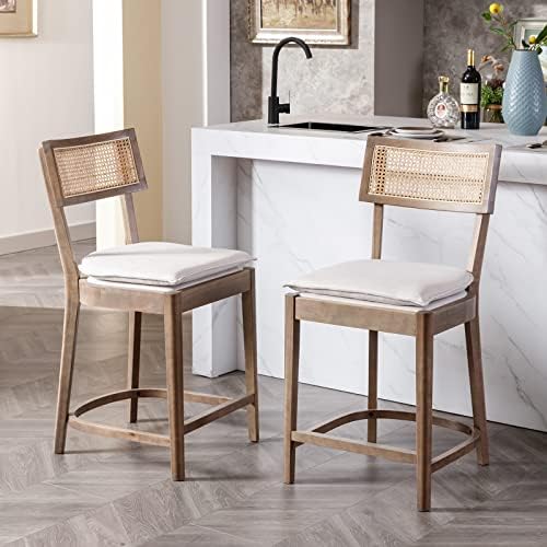 Rattan Counter Height Bar Stools Set of 2, 26" Wooden Bar Stools