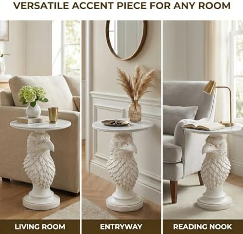 Modern Ivory Eagle Accent Table - 24.41" Minimalist White Resin Eagle Head Pedestal Table with 17.72" Round Faux Marble Top, Unique Animal Art Sculpture Side Table for Chic Home Decor, 24.25 LBS