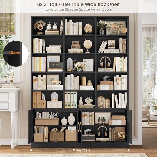FACBOTALL 82.3" Triple Wide Bookshelf, Tall Bookcase with 4 Doors, Black
