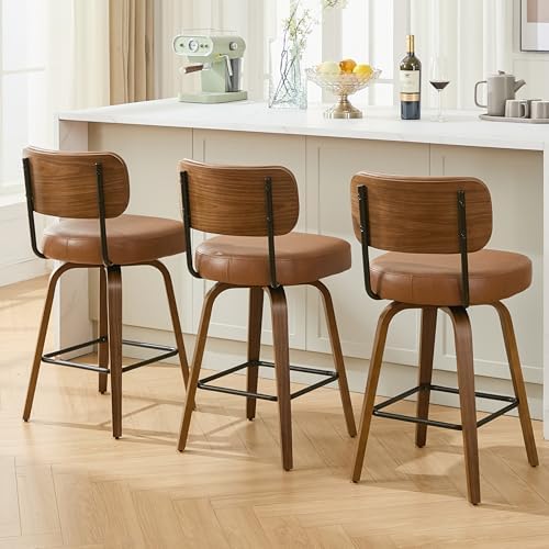 Swivel Bar Stools Set of 3, 26" Counter Height, Brown | Walnut Wood Legs...