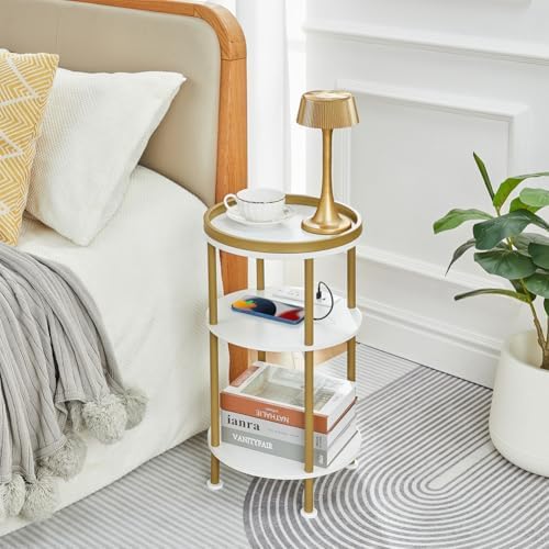 Small Round End Table with Charging Station, 3-Tier Accent Couch Beside Table...