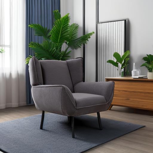 Corduroy Wingback Accent Chair, High Back Armchair with Deep Seat, Gray