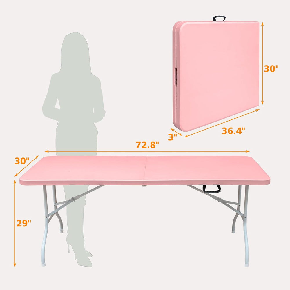 6 FT Folding Table with Carry Handle, Portable Fold-in-Half Plastic Table, Re...