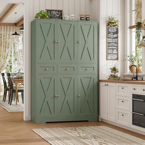 HOSTACK 67"H Farmhouse Kitchen Pantry Storage Cabinet with 3 Drawers, Gr...