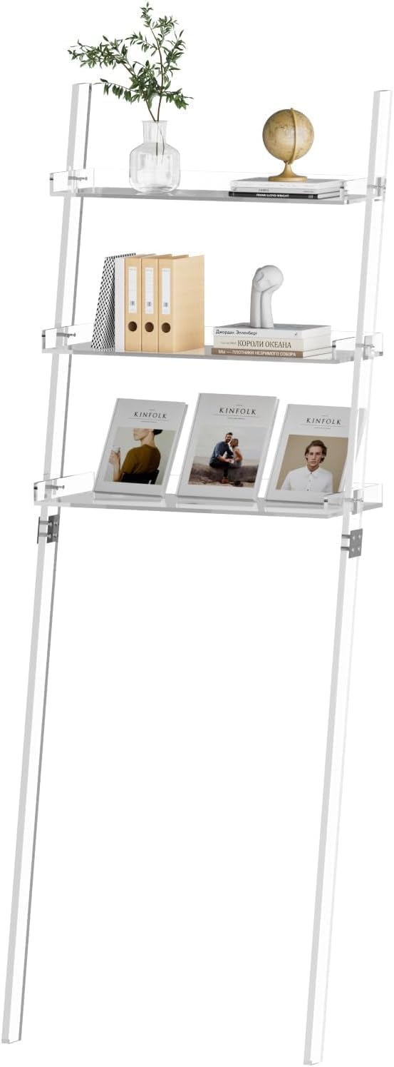 3 Tier Acrylic Ladder Shelf, Modern Clear Bookshelf with Open Shelves, Modern Acrylic Bookcase for Bathroom, Living Room, Kitchen, Office, Bedroom, 9.84" D x 24.96" W x 69.69" H