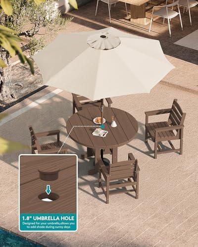 SERWALL 5-Piece HDPE Round Dining Set, 45" Table, 4 Chairs, Brown