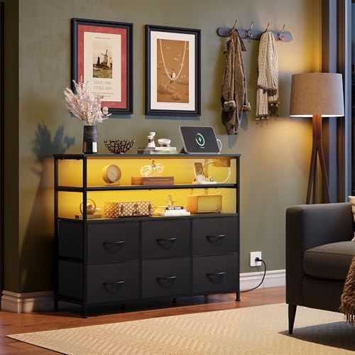WLIVE TV Stand 40-45 Inch 6 Drawer Fabric Media Console LED, Black | TV stand...