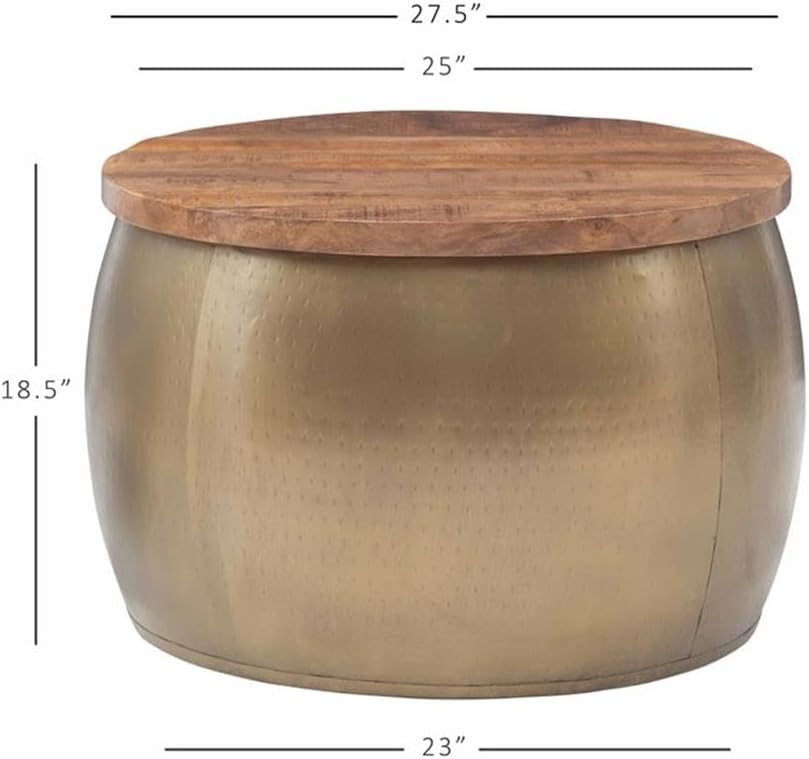 MAKLAINE Large Hammered Metal Drum Table with Storage, Brass Finish, Solid Ma...