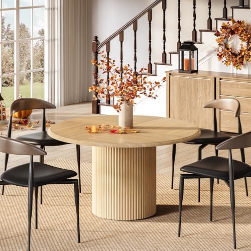 LITTLE TREE 47 Inches Round Dining Table for 4, Farmhouse Natural Wooden Dini...