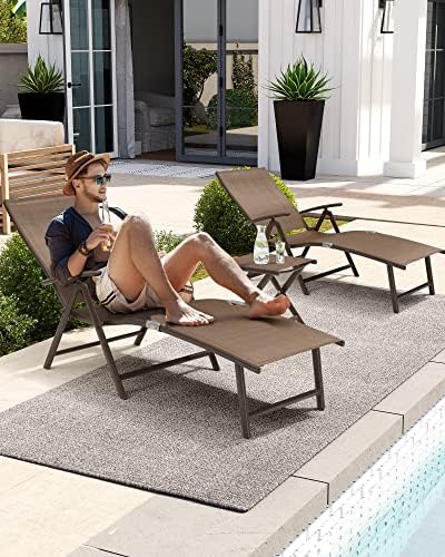 Lounge Chair Outdoor, Folding Pool Chaise Chairs Set of 3 (Brown)