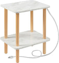 FORAOFUR Solid Wood End Table with Charging Station, 2 Tier Side Table | Marble wood-grain finish, space-saving for small apartments, built-in USB ports & outlets, sturdy wood frame