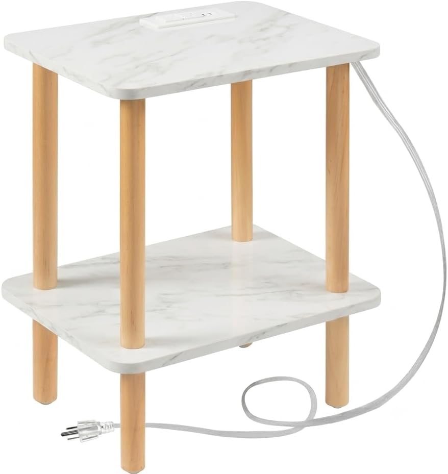 FORAOFUR Solid Wood End Table with Charging Station, 2 Tier Side Table | Marble wood-grain finish, space-saving for small apartments, built-in USB ports & outlets, sturdy wood frame