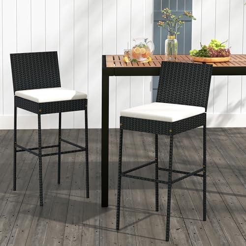 Tangkula Set of 4 Patio Wicker Barstools, Outdoor Bar Height Chair w/Soft Sea...