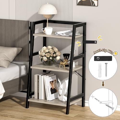 3-Tier Bookshelf, Ladder Shelf, Stand up Shelves, Industrial Bookcase with St...
