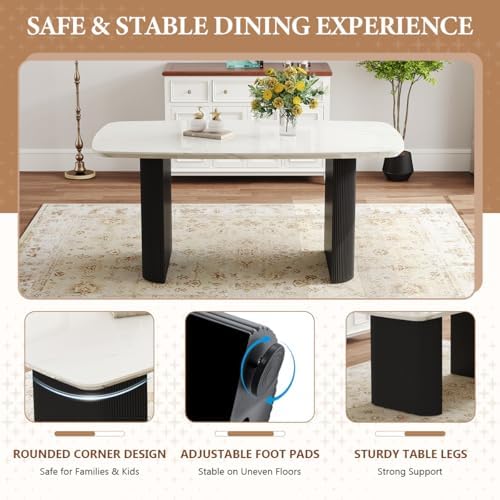 Ebullient White Dining Table Set for 6, 67'' Marble Oval Dining Table Set with 6 Metal Chairs, 3.5'' Thick Marble-Grain Top and Matte Black Wood Base, Space-Saving 7 Piece Kitchen Table Set