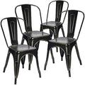Devoko Metal Indoor-Outdoor Chairs Distressed Style Kitchen Dining Chairs Stackable Side Chairs with Back Set of 4 (Black Gold)