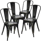 Devoko Metal Indoor-Outdoor Chairs Distressed Style Kitchen Dining Chairs Stackable Side Chairs with Back Set of 4 (Black Gold)