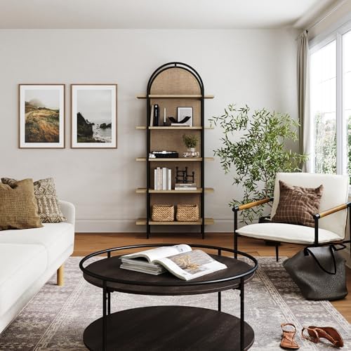 Nathan James Amara Bohemian 5-Shelf Etagere Bookcase, Rattan Open Bookshelf w...