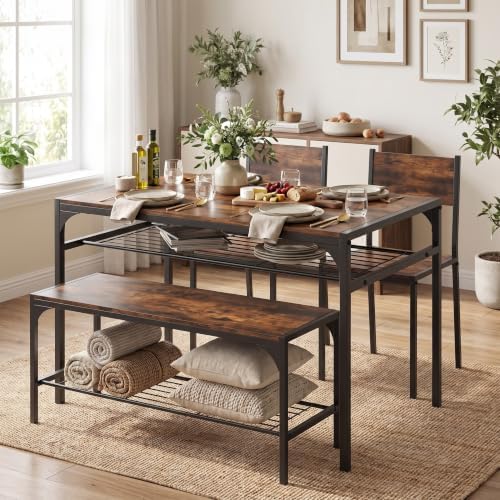 COSTWAY Dining Table Set for 4 with Bench & 2 Chairs, Storage Racks