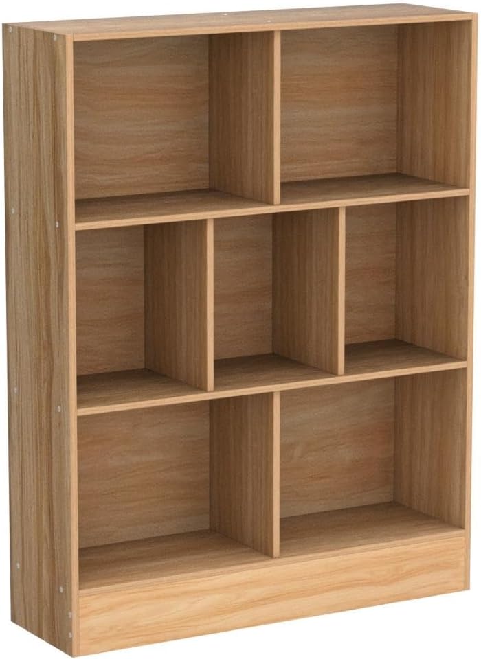 LEYAOYAO 7 Cube Bookshelf with Base,3 Tier Mid-Century Modern Natural Bookcas...