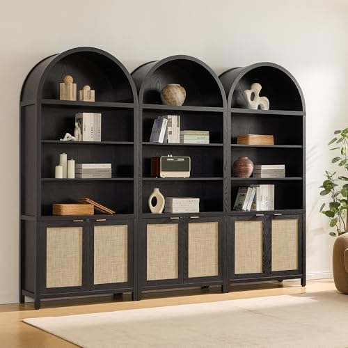 SICOTAS 84.2" Tall Arched Bookcase with Doors - 5 Tier Rattan Bookshelf